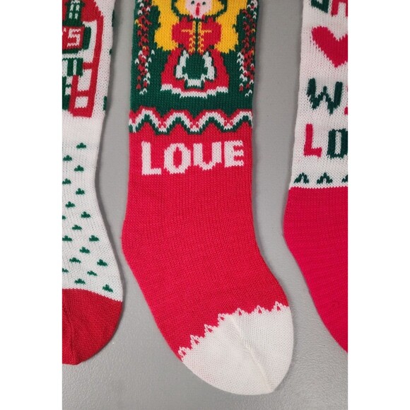 VTG Christmas Knit Stockings Lot Of 3 21" Pom Poms Toys Angel Love Santa Red - Picture 5 of 8